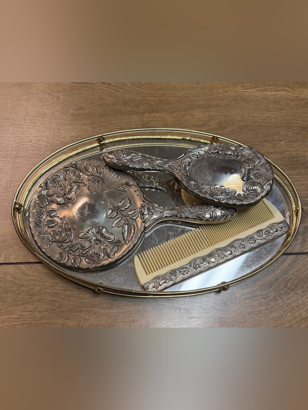 Vintage Silver Floral Vanity Set with Hand Mirror, Hairbrush, and Ivory Comb
